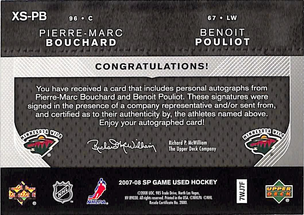 2007-08 SP Game Used Pierre-Marc Bouchard Benoit Pouliot Auto Autograph /25