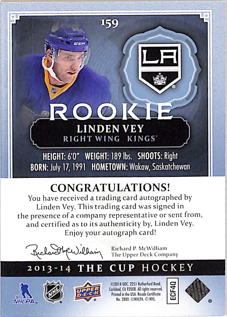 2013-14 Upper Deck The Cup Linden Vey Auto Autograph Gold Spectrum /25 Kings