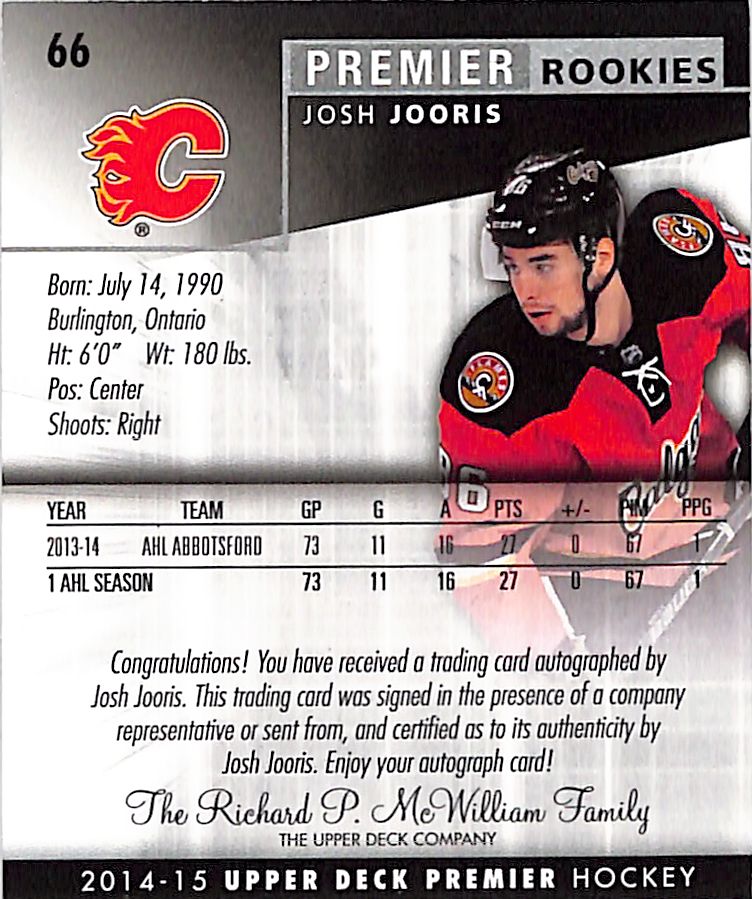 2014-15 Upper Deck Premier Josh Jooris Auto Autograph Rookie RC /49 Flames