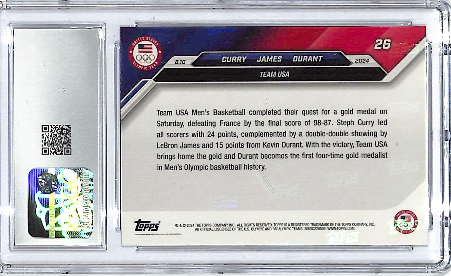 2024 Topps Now Olympic Games Stephen Curry Lebron James Kevin Durant #26 CGC 10