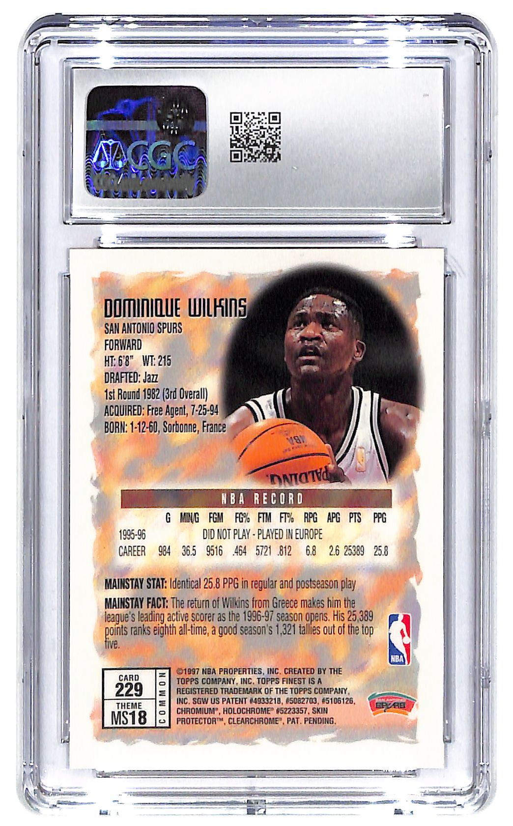 1996-97 Dominique Wilkins Topps Finest w/Coating #229 CGC Mint Plus 9.5