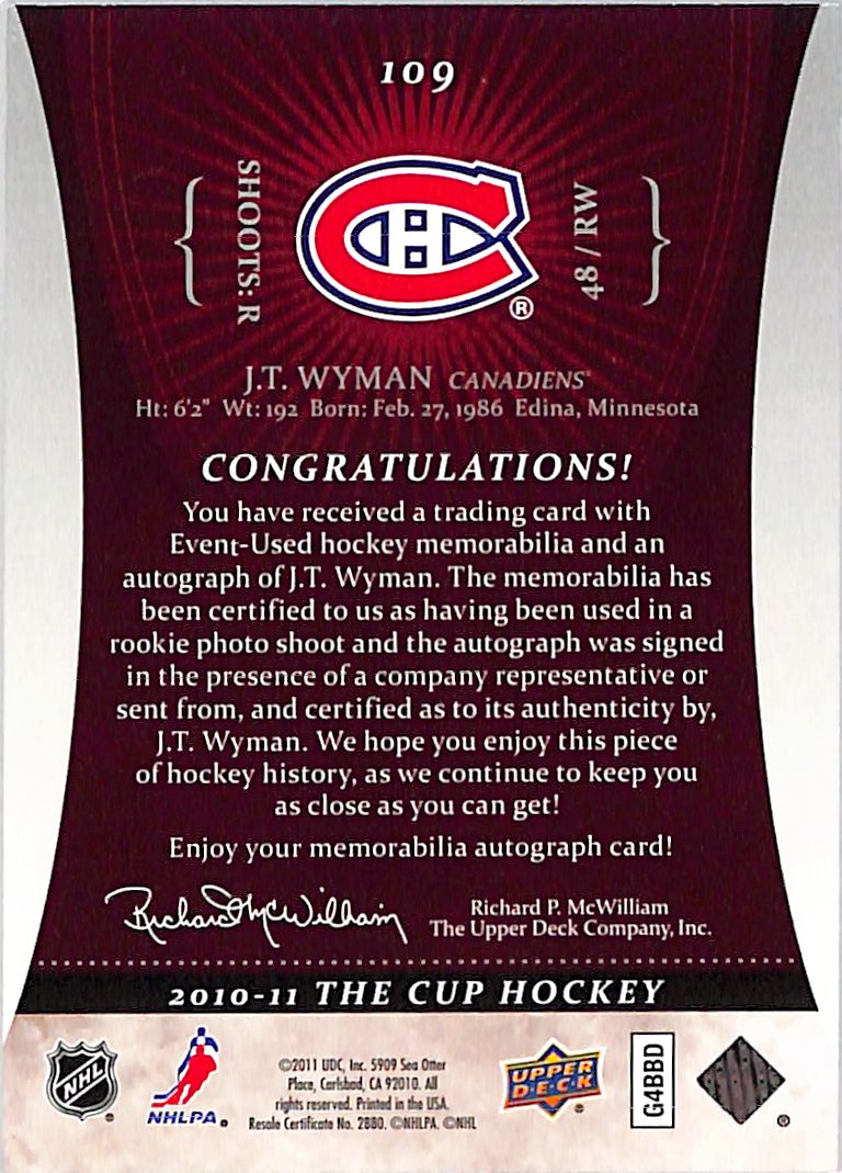 2010-11 Upper Deck The Cup JT Wyman Auto Autograph Rookie RC Patch /249