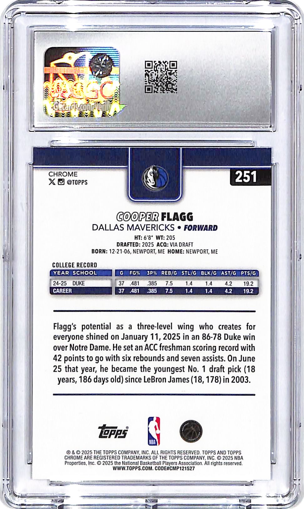 2025-26 Topps Chrome Cooper Flagg Rookie RC #251 CGC 10 Mavericks
