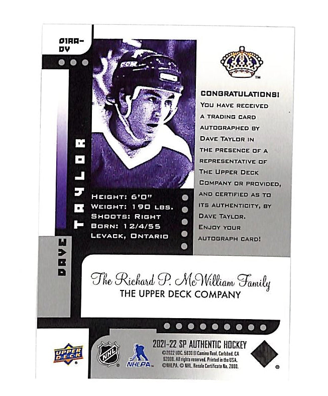 2021-22 SP Authentic Dave Taylor Auto Autograph /199 Kings