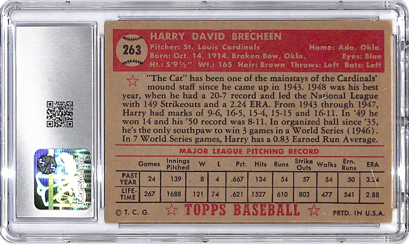 1952 Topps Harry Brecheen #263 CGC 3 Cardinals