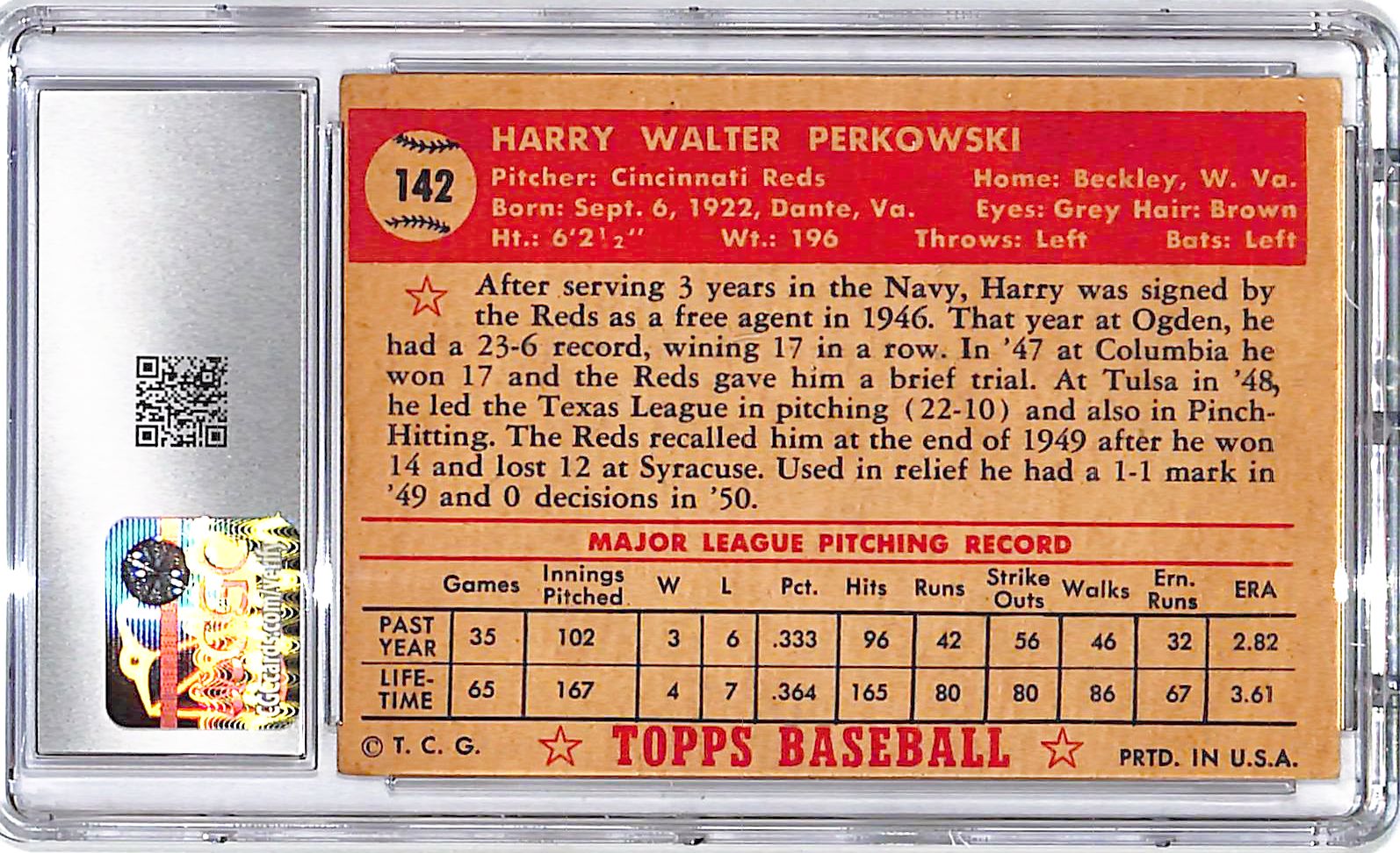 1952 Topps Harry Perkowski #142 CGC 4 Reds