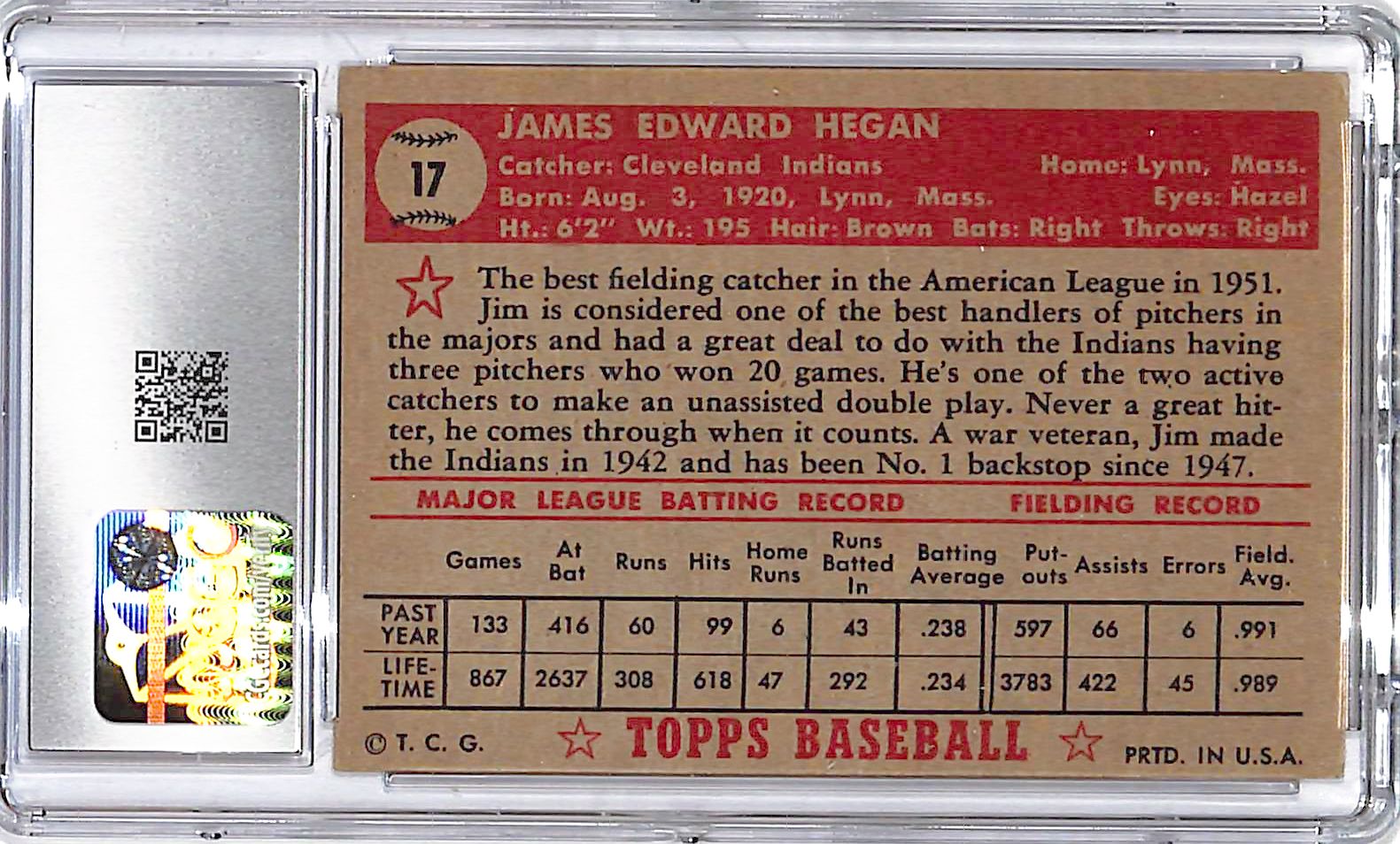 1952 Topps Jim Hegan Red Back #17 CGC 4 Indians