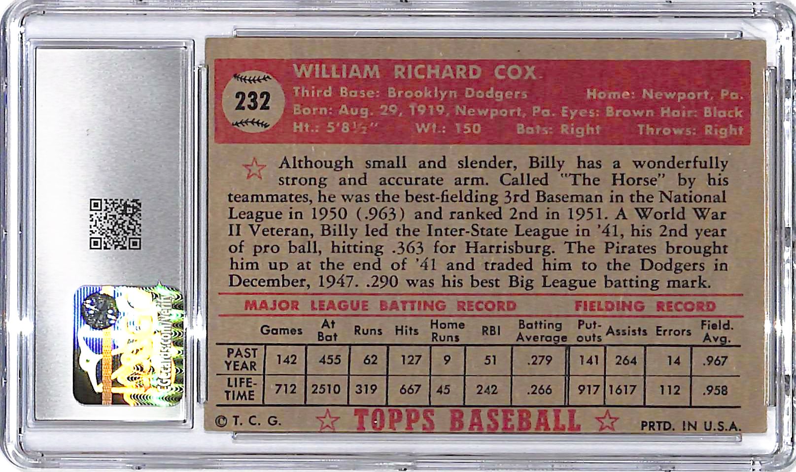 1952 Topps Billy Cox #232 CGC 4.5 Dodgers