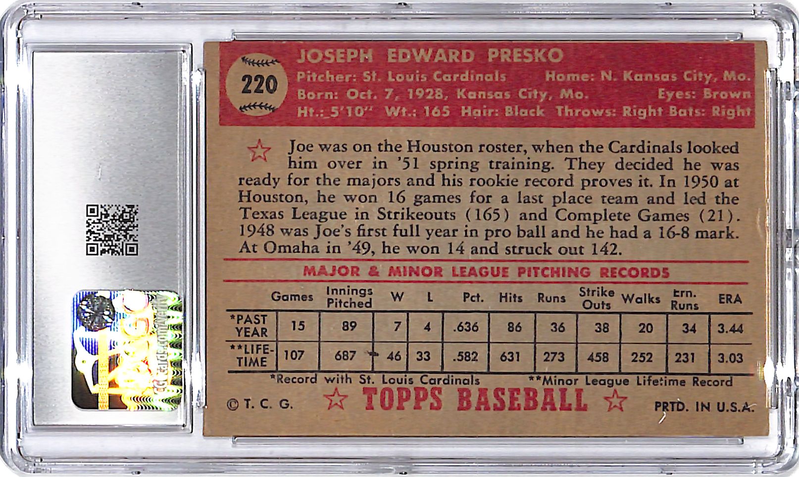 1952 Topps Joe Presko #220 CGC 3 Cardinals