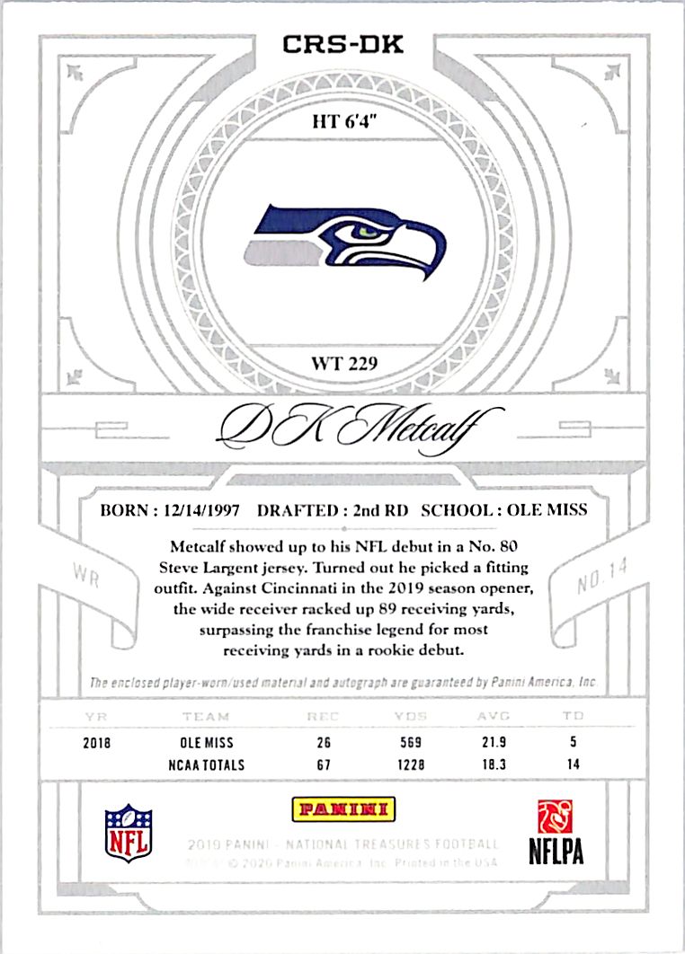 2019 National Treasures DK Metcalf Auto Autograph Rookie RC Tag Patch /5 Seahawks