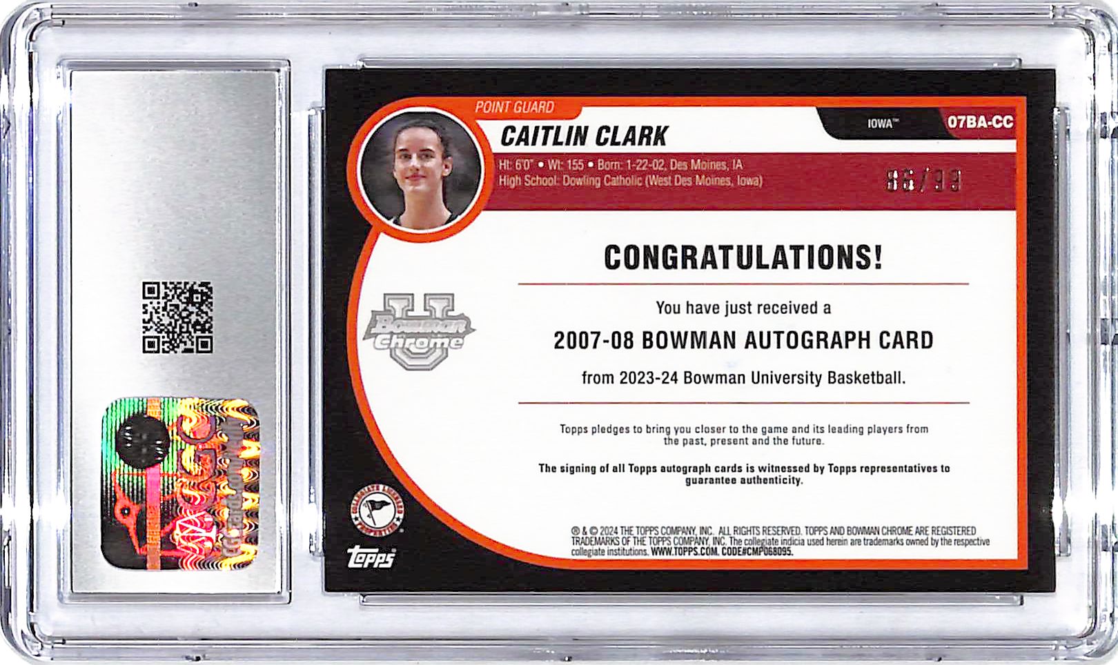 2023-24 Bowman Chrome University Caitlin Clark Auto Autograph Rookie RC CGC 9