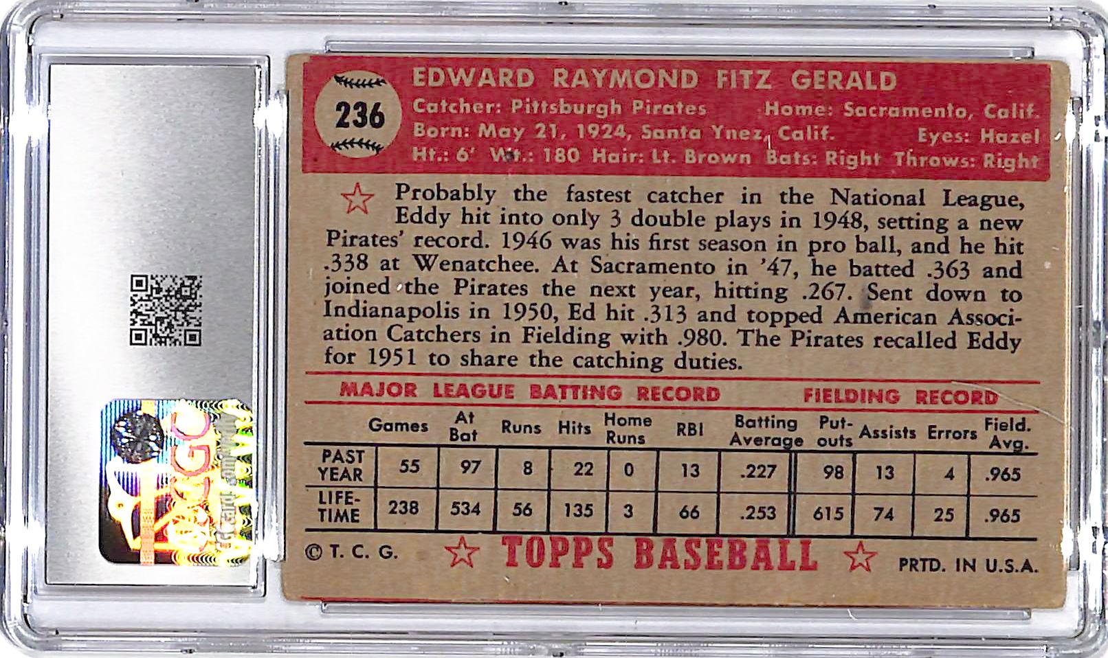 1952 Topps Ed Fitz Gerald #236 CGC 4 Pirates