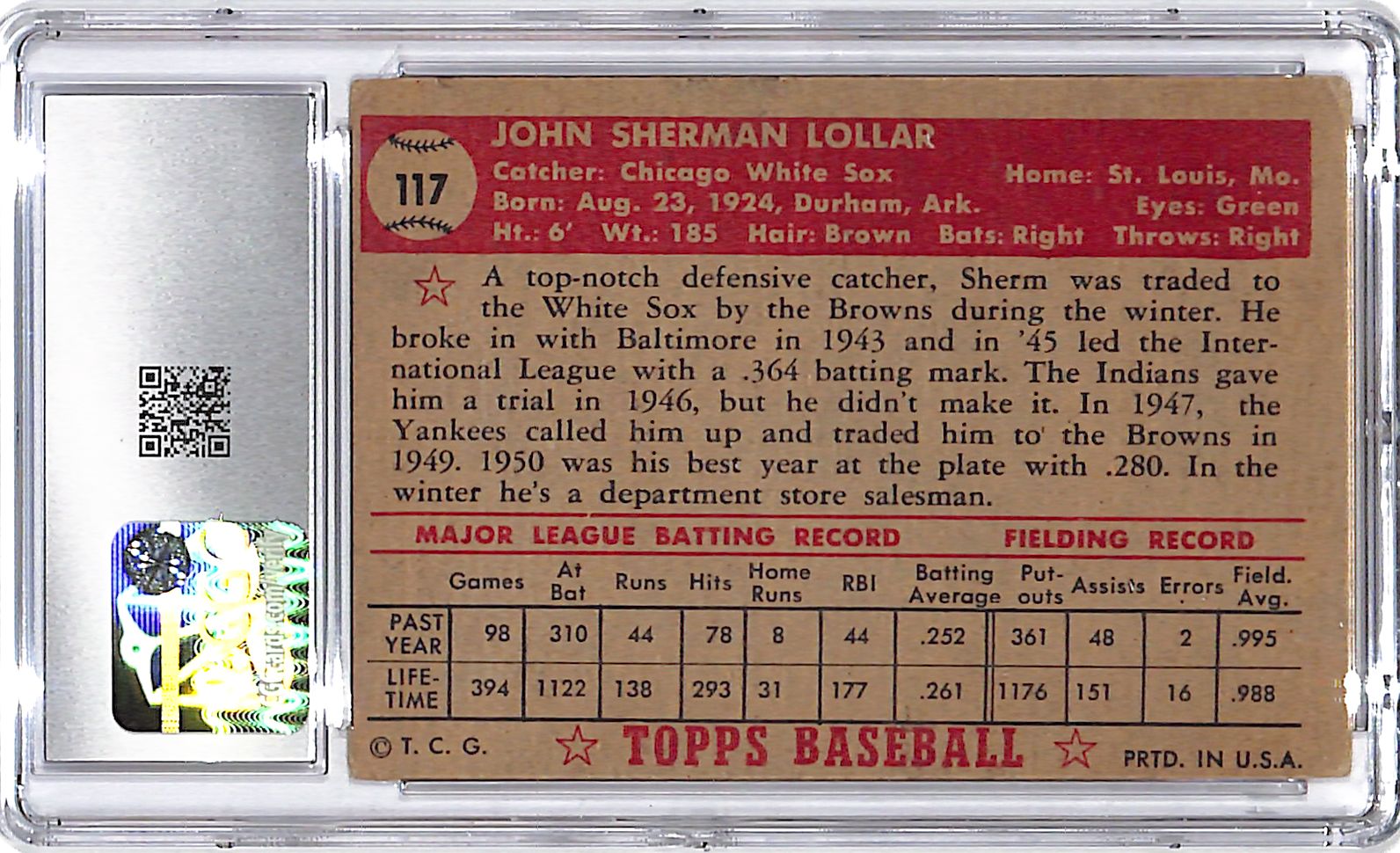 1952 Topps Sherm Lollar #117 CGC 3.5 White Sox
