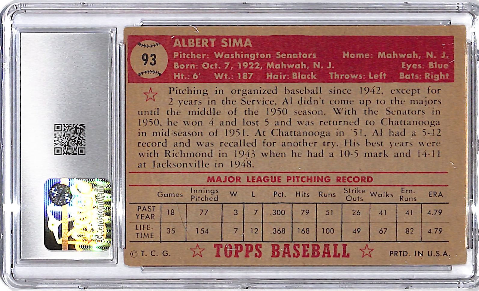 1952 Topps Al Sima #93 CGC 3.5 Senators