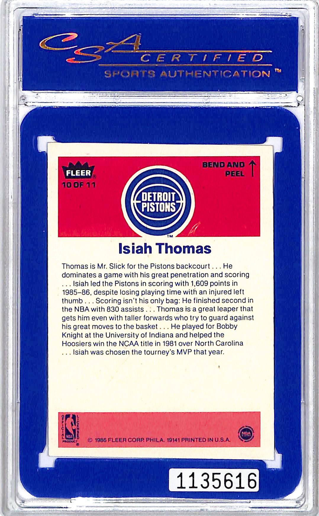 1986-87 Fleer Isiah Thomas Sticker CSA Certified 6 Pistons