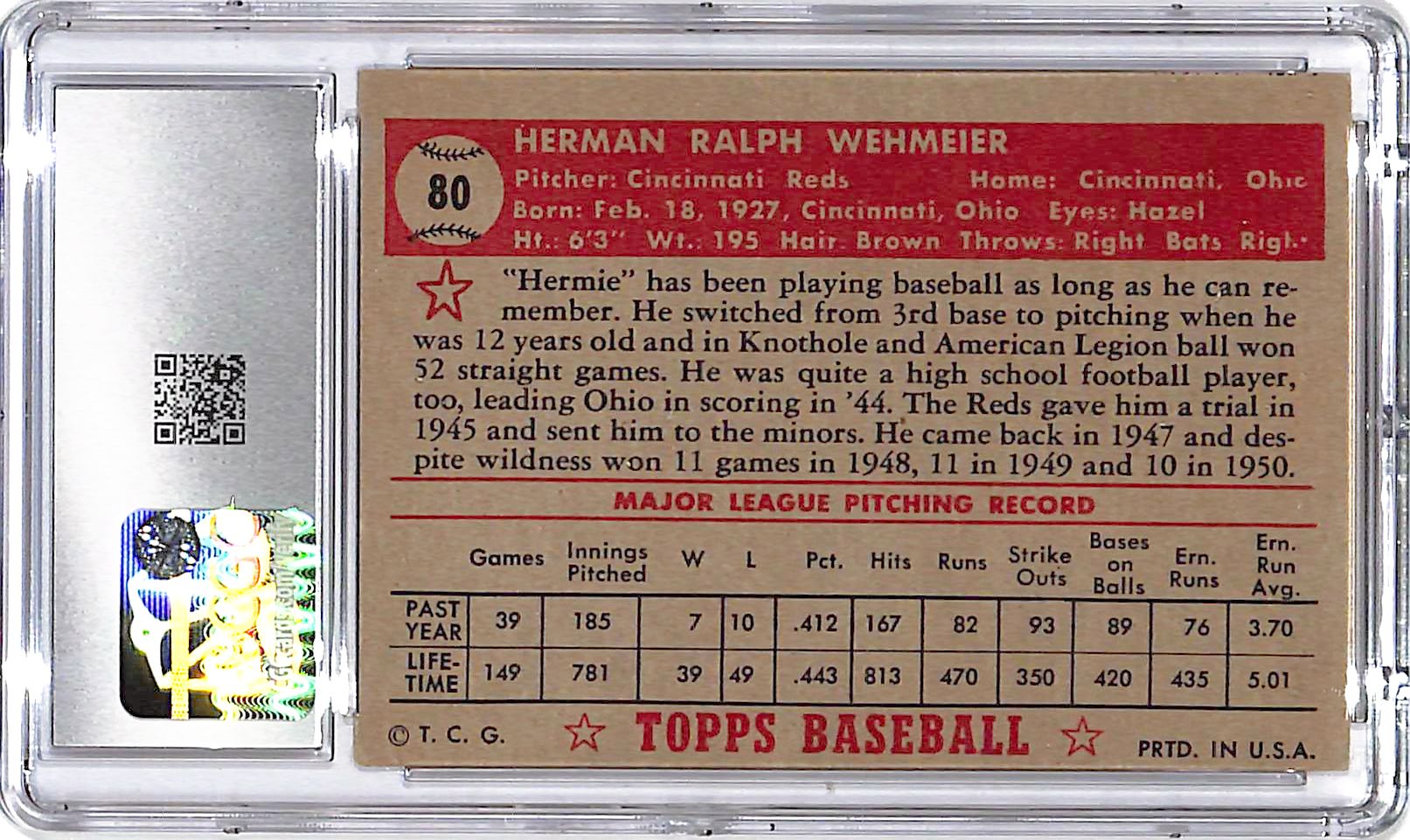 1952 Topps Herm Wehmeier Red Back #80 CGC 3 Reds