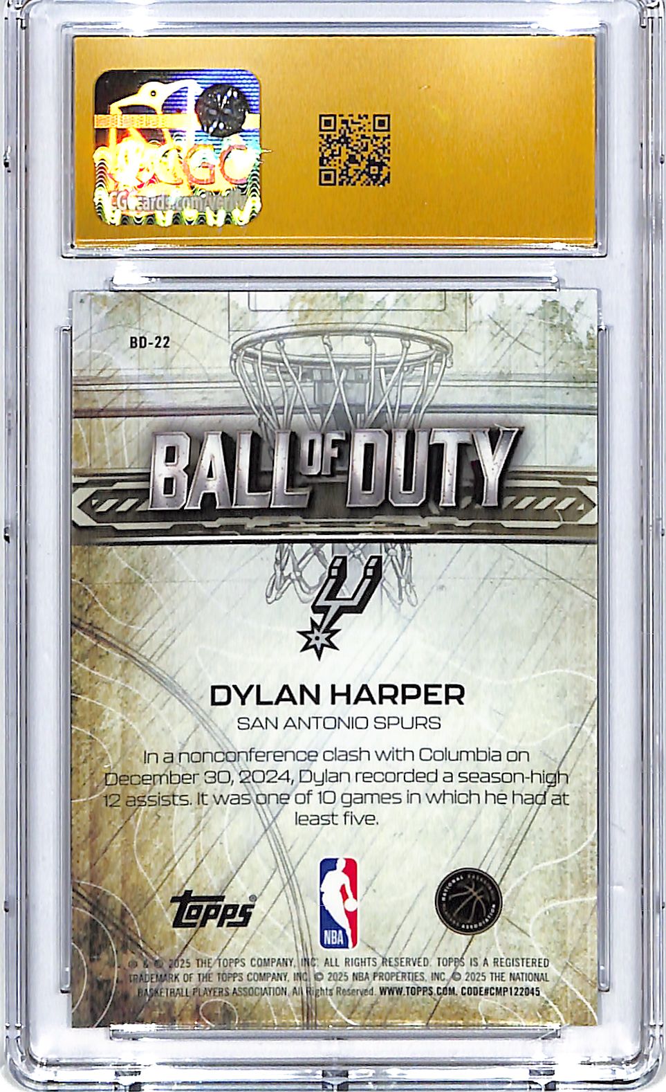 2025-26 Topps Chrome Dylan Harper Ball of Duty Rookie RC CGC 10 Pristine Spurs