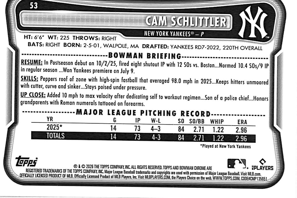 2026 Bowman Chrome Cam Schlittler Gold Mega Box Mojo Refractor /50 Rookie RC Yankees
