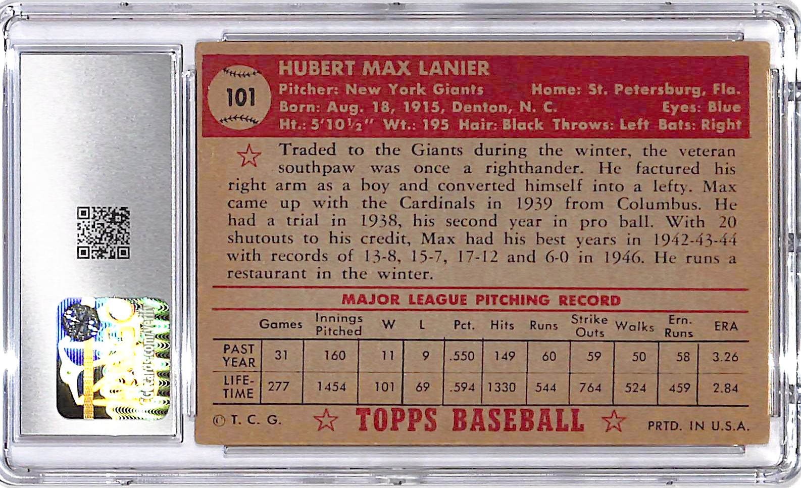 1952 Topps Max Lanier #101 CGC 4.5 Giants