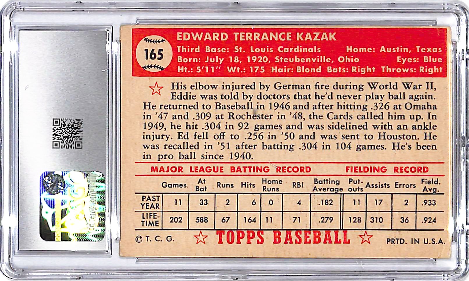 1952 Topps Eddie Kazak #165 CGC 3 Cardinals