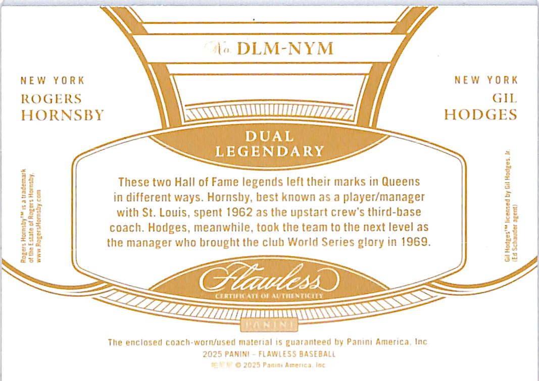 2025 Flawless Rogers Hornsby Gil Hodges Dual Legendary Patch Jersey /20 Ruby