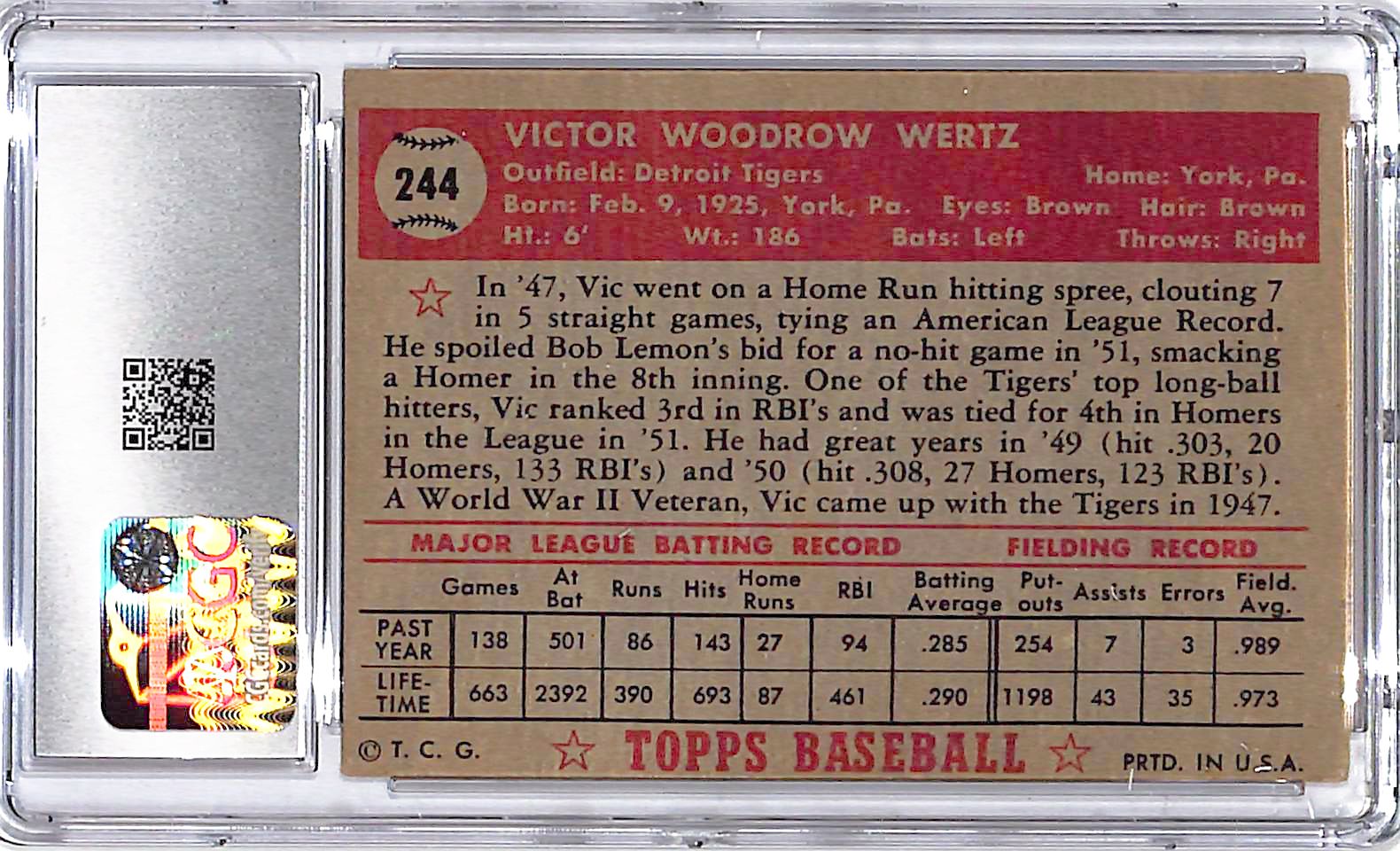 1952 Topps Vic Wertz #244 CGC 5 Tigers