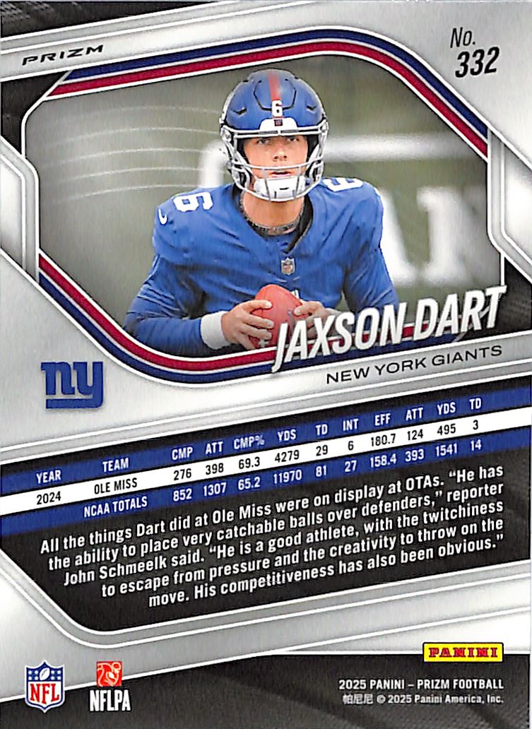 2025 Prizm Jaxson Dart Rookie RC Green Cracked Ice Giants