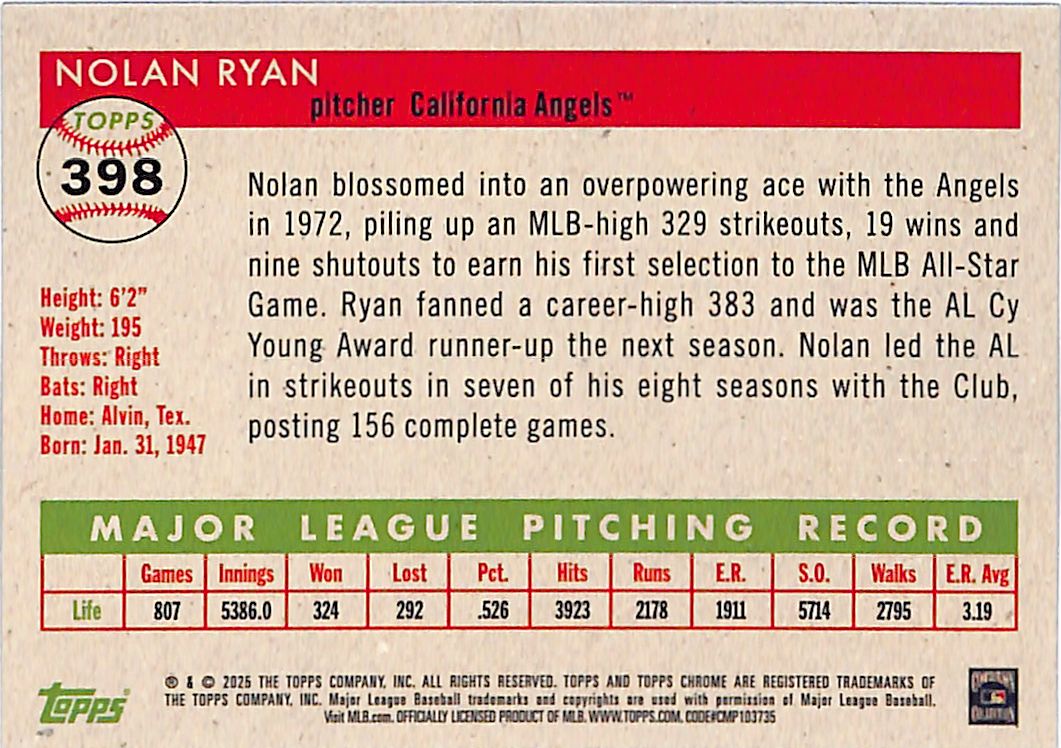 2025 Topps Chrome Platinum Anniversary Nolan Ryan Black Refractor /10 Angels