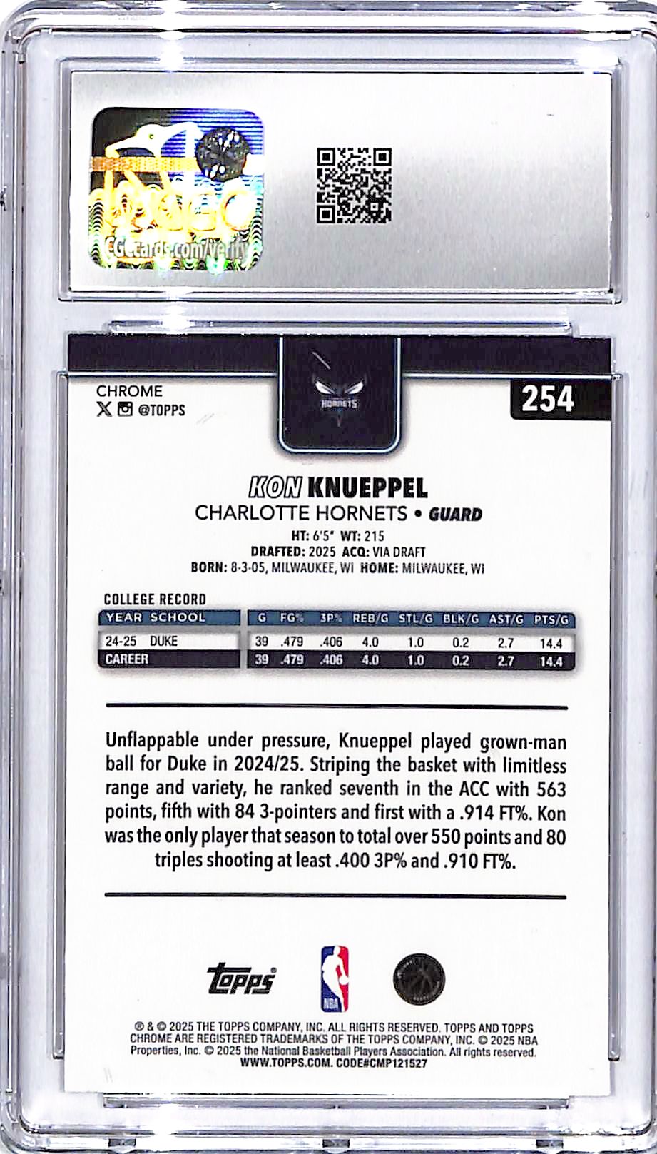 2025-26 Topps Chrome Kon Knuppel Rookie RC #254 CGC 9.5 Hornets