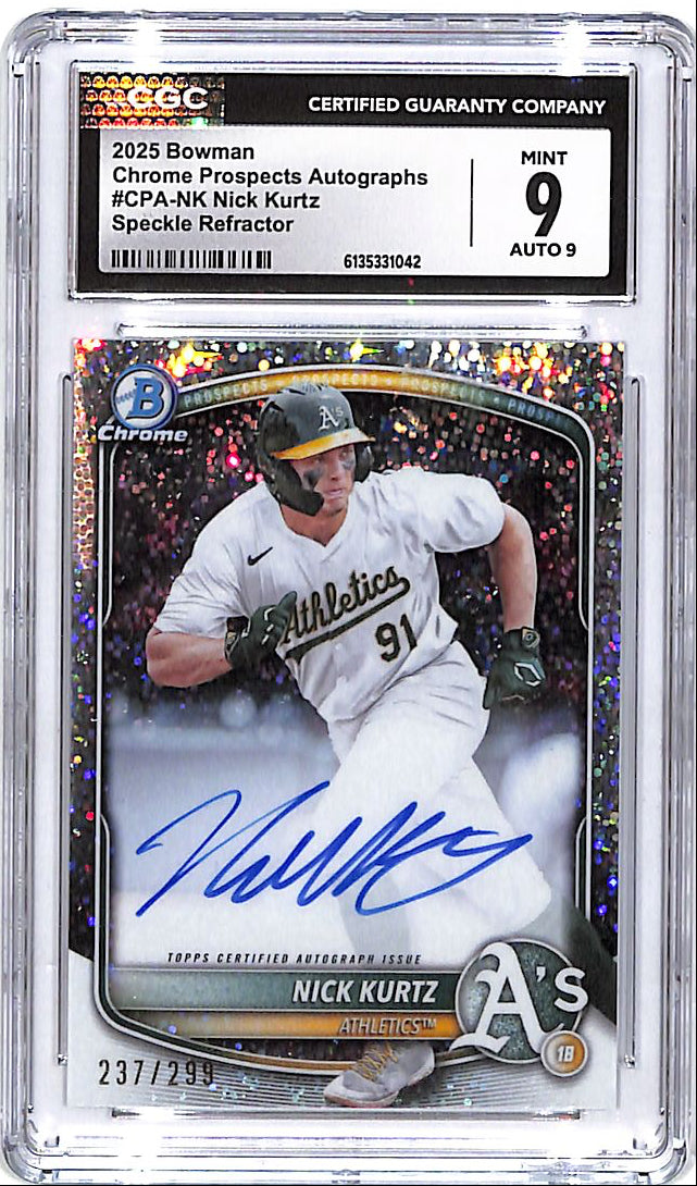 2025 Bowman Chrome Nick Kurtz Auto Autograph Rookie RC Speckle /299 CGC 9 Athletics