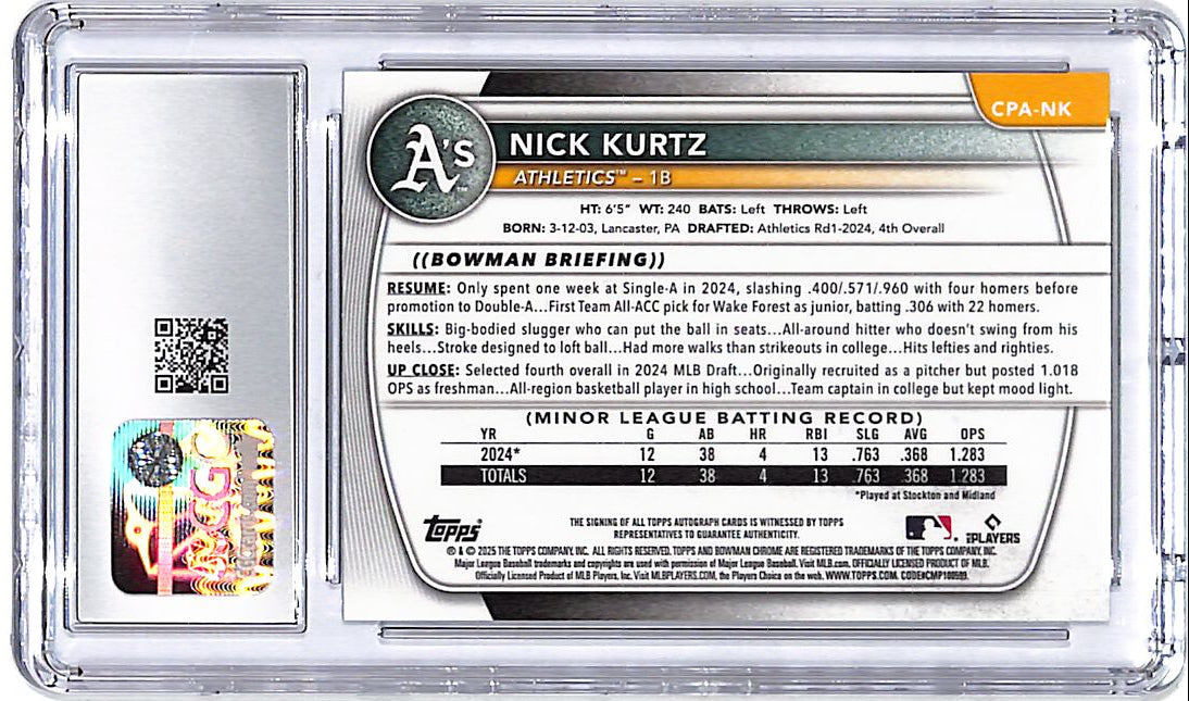 2025 Bowman Chrome Nick Kurtz Auto Autograph Rookie RC Speckle /299 CGC 9 Athletics