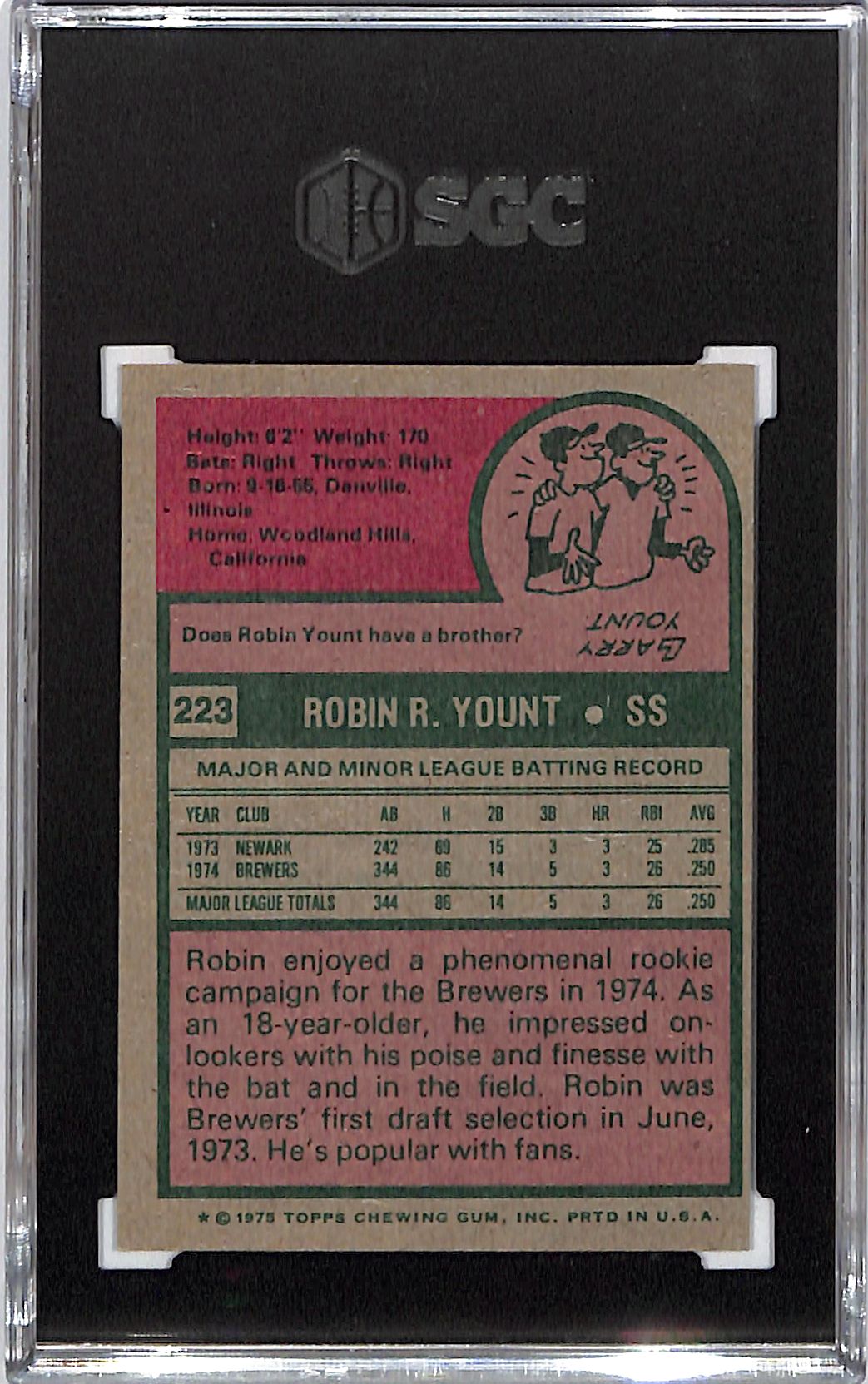1975 Topps Robin Yount Rookie RC #223 SGC 6 Brewers
