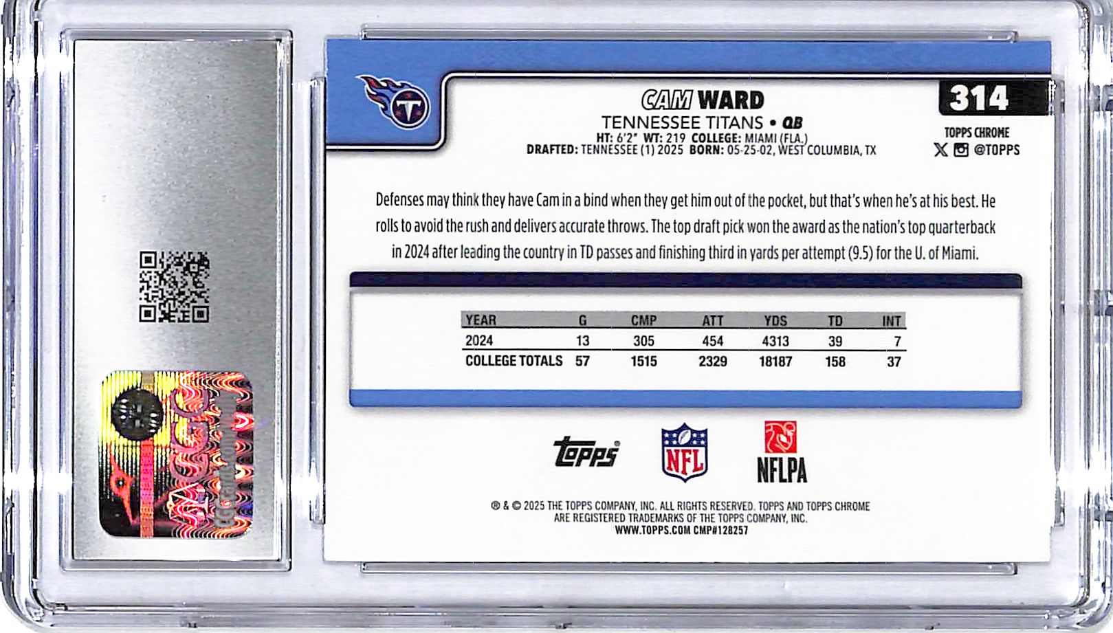 2025 Topps Chrome Cam Ward Rookie RC Xfractor CGC 10 Titans