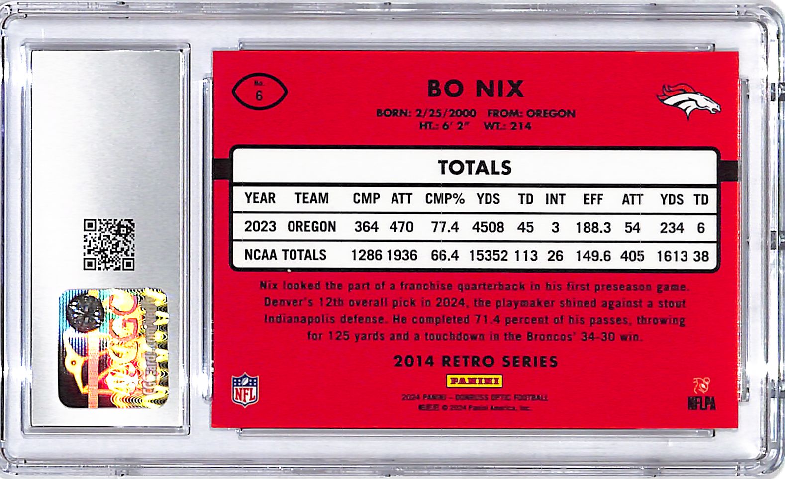 2024 Donruss Optic Bo Nix Retro Series Rookie RC CGC 10 Broncos