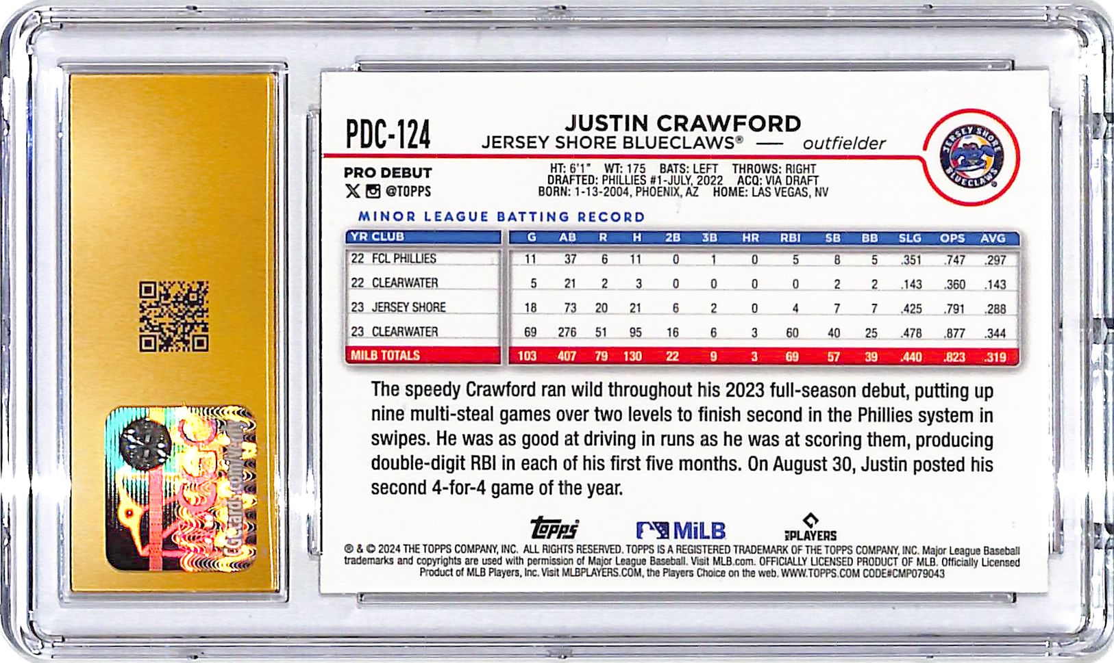 2024 Topps Pro Debut Chrome Justin Crawford Gold Mini Diamond Refractor /50 CGC 10 Pristine