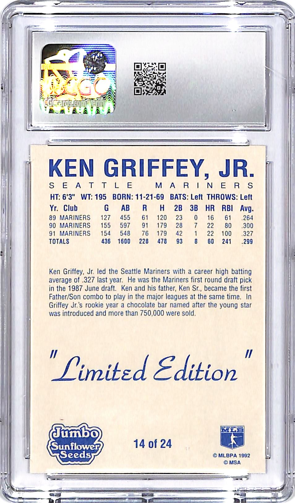 1992 Jumbo Sunflower Seeds Ken Griffey Jr #14 CGC 9.5 Mariners
