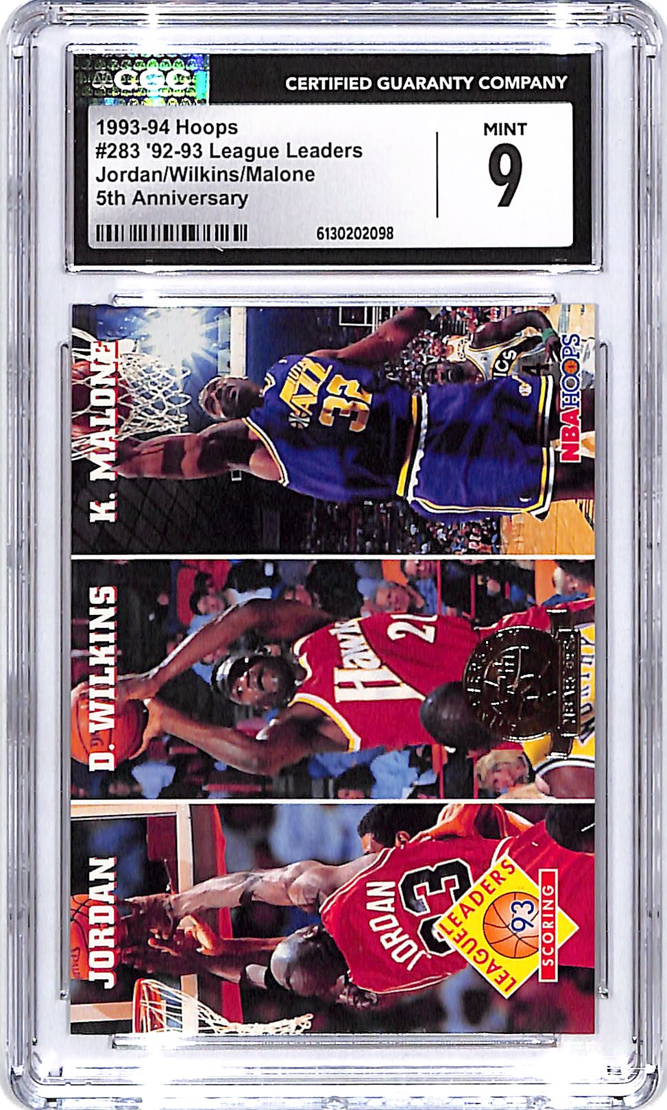 1993-94 Hoops Michael Jordan Dominique Wilkins Karl Malone League Leaders 5th Anniversary CGC 9