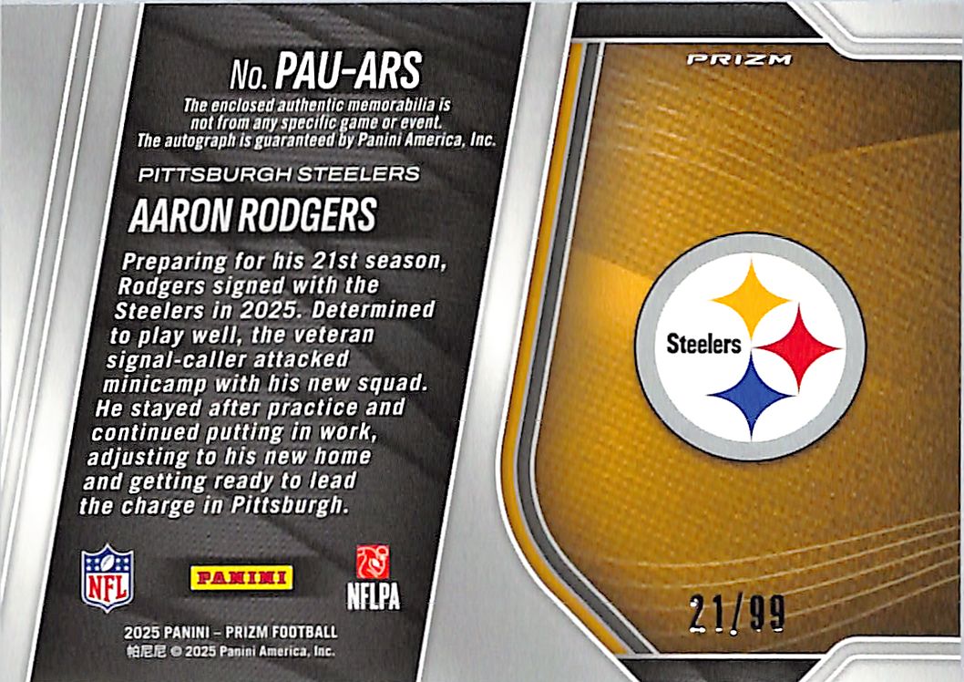 2025 Prizm Aaron Rodgers Auto Autograph Patch Jersey Silver /99 Steelers