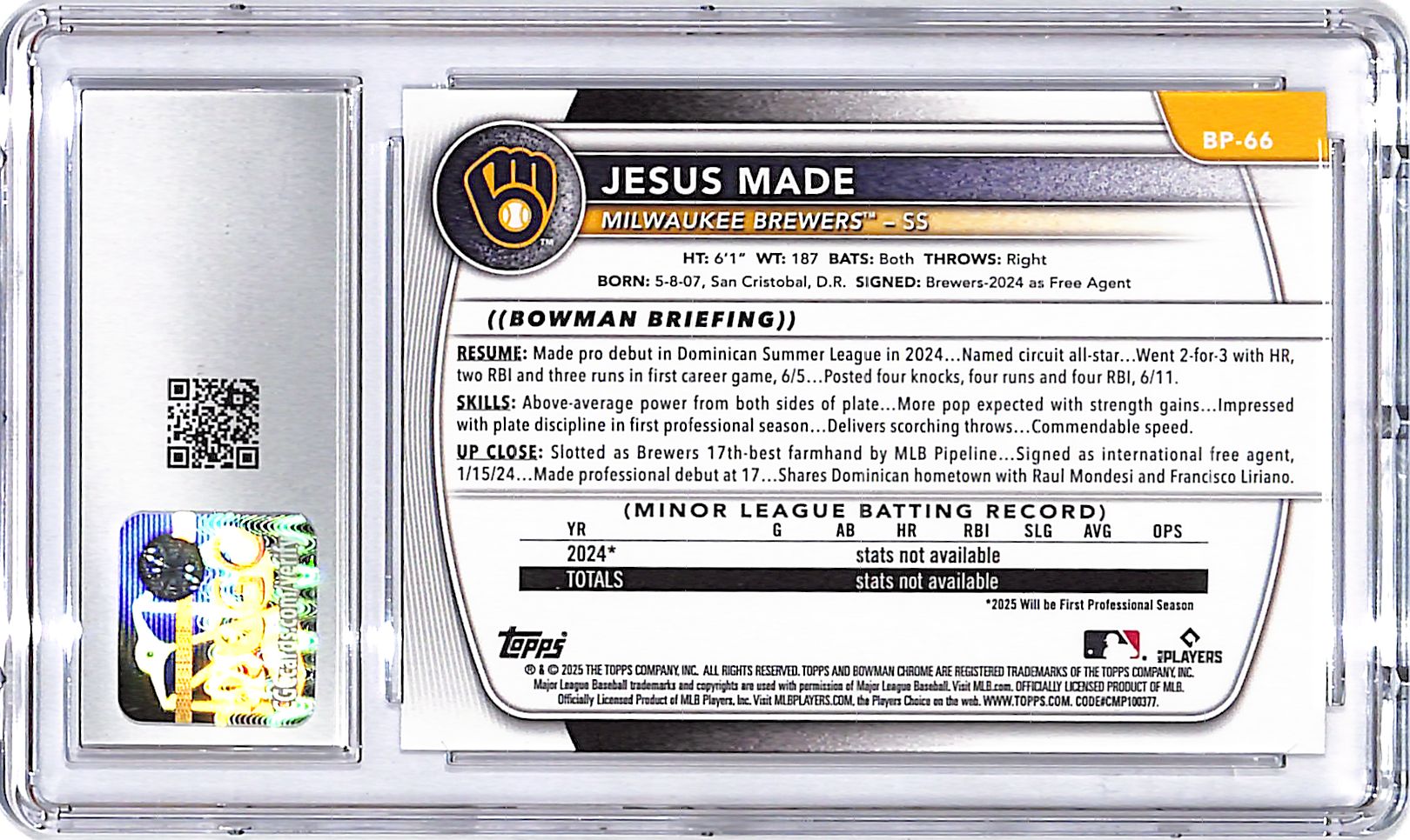 2025 Bowman Jesus Made Prospects Rookie RC CGC 10 Brewers