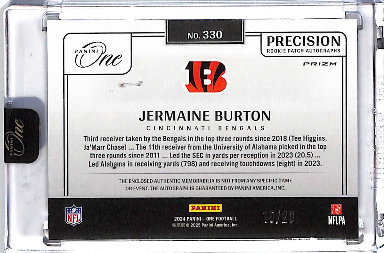 2024 Panini One Jermaine Burton Auto Autograph Rookie RC Patch Jersey /20 Bengals