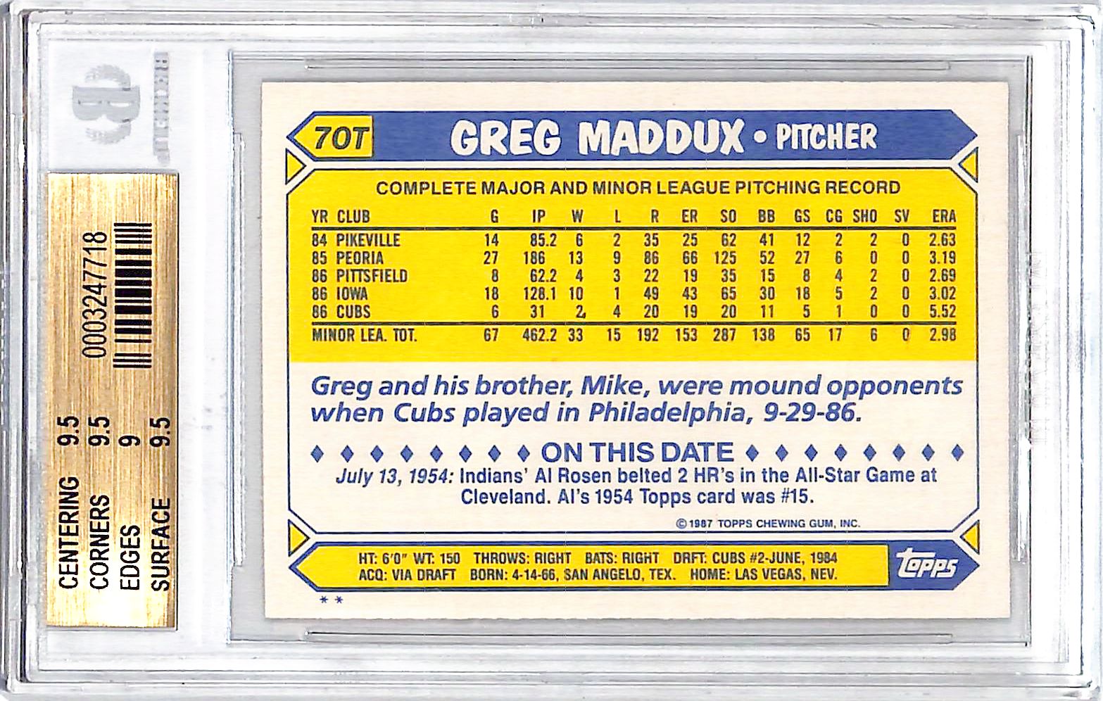 1987 Topps Traded Greg Maddux BGS 9.5 70T Cubs
