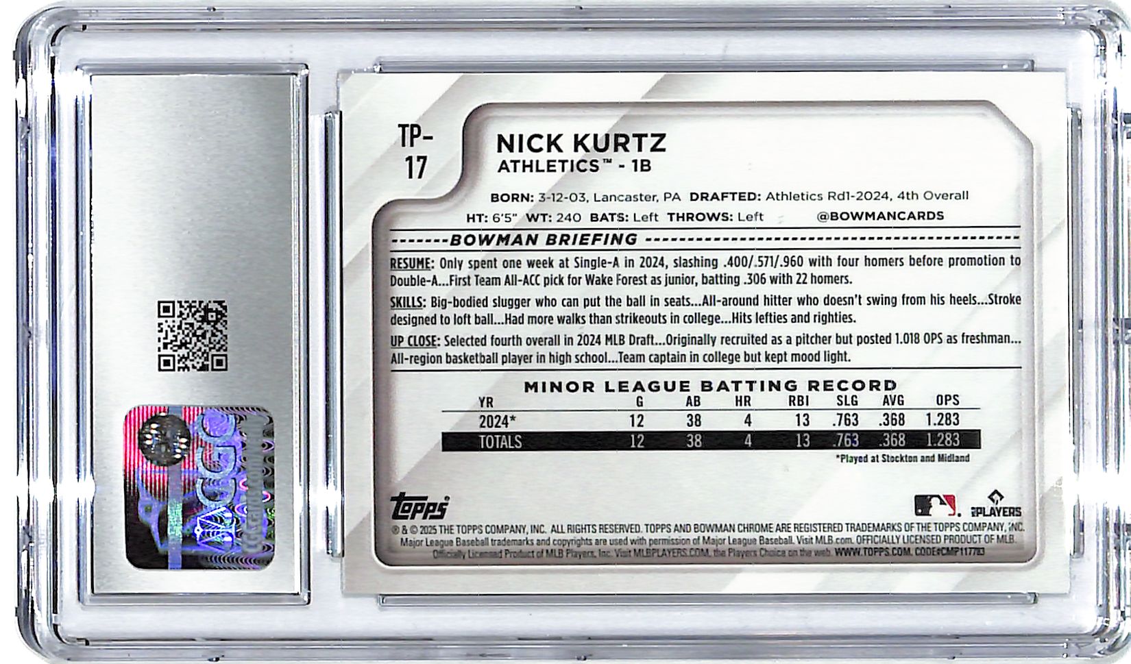 2025 Nick Kurtz Topps The National Chrome Prospects #TP-17 CGC Gem Mint 10