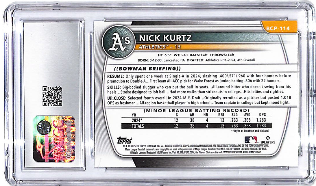 2025 Bowman Chrome Nick Kurtz Mega Box Mojo Refractor Rookie RC CGC 10 Athletics