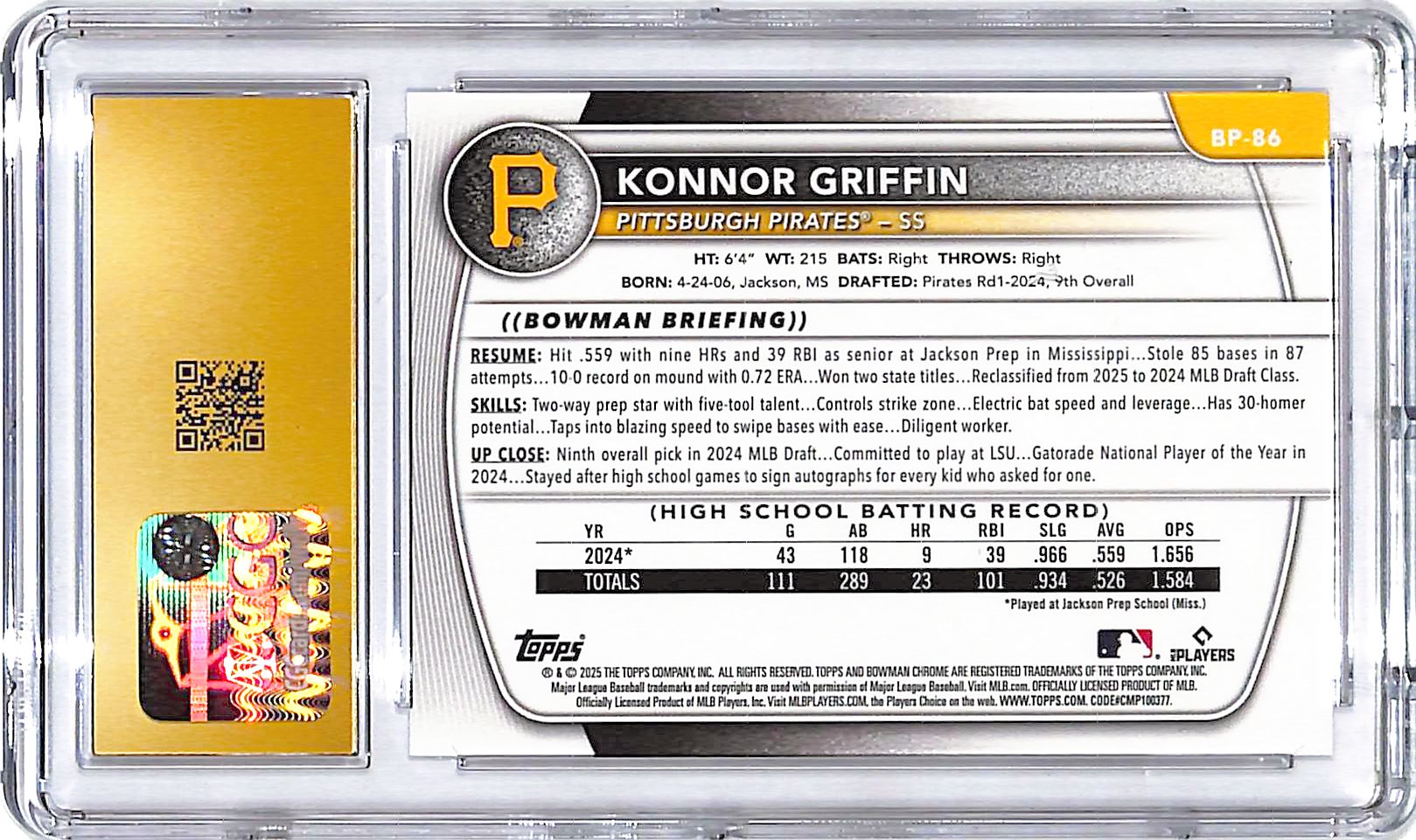 2025 Bowman Konnor Griffin Rookie RC Prospect CGC 10 Pristine Pirates