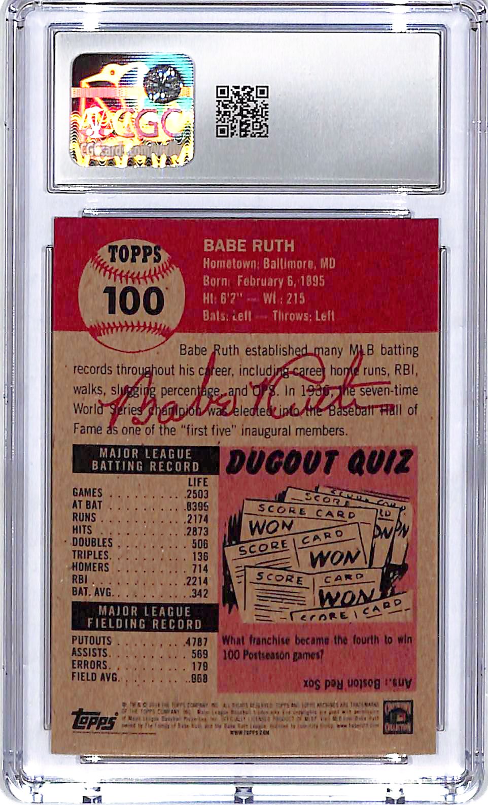 2018 Topps Living Set Babe Ruth #100 CGC 9.5 Yankees