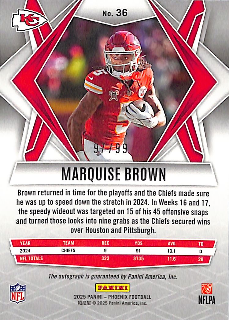 2025 Phoenix Marquise Brown Auto Autograph Silver Geometric Chiefs /99