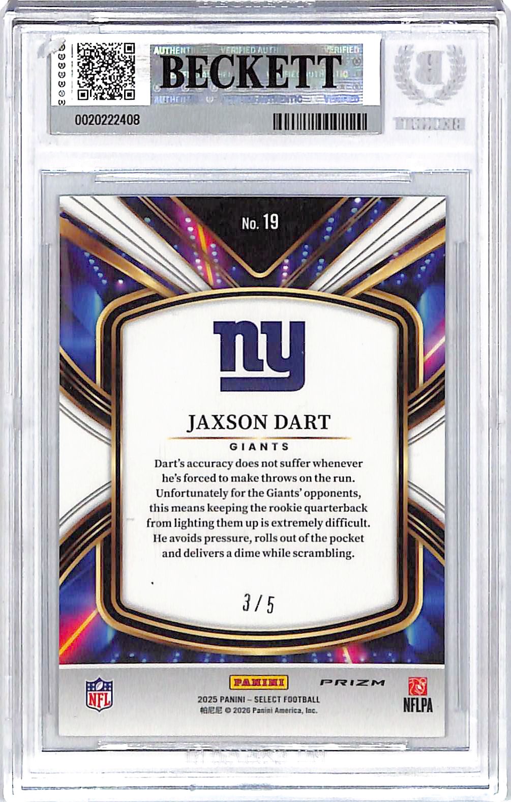 2025 Select Jaxson Dart Future Rookie RC Green /5 BGS 9 Giants