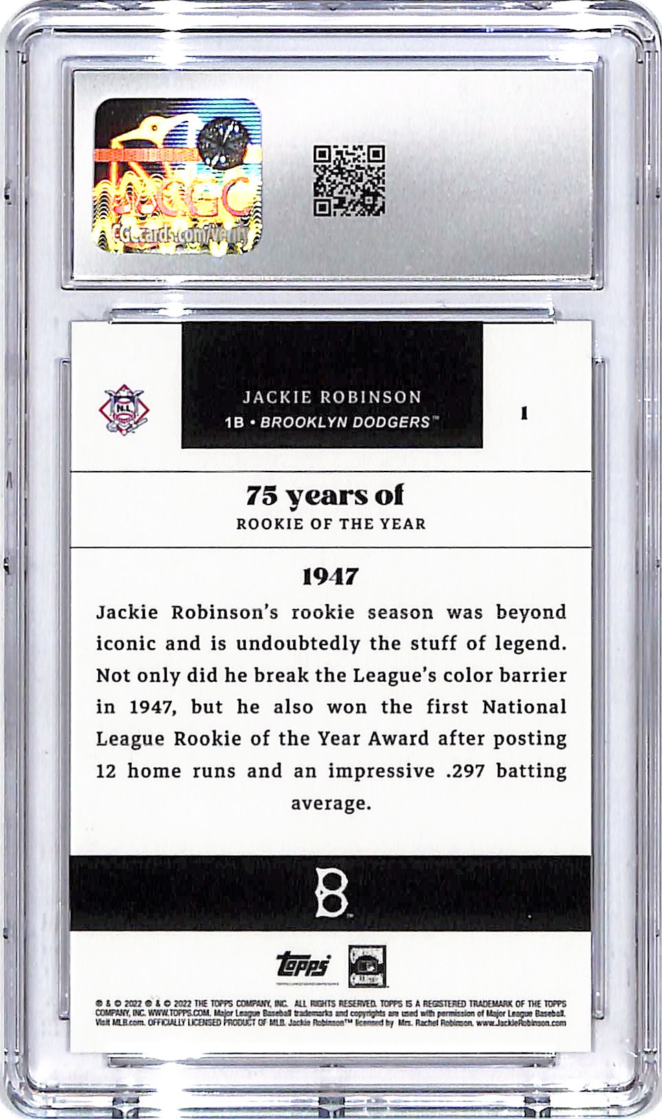 2022 Topps Rookie of the Year 75th Anniversary Jackie Robinson #1 CGC 10 Dodgers