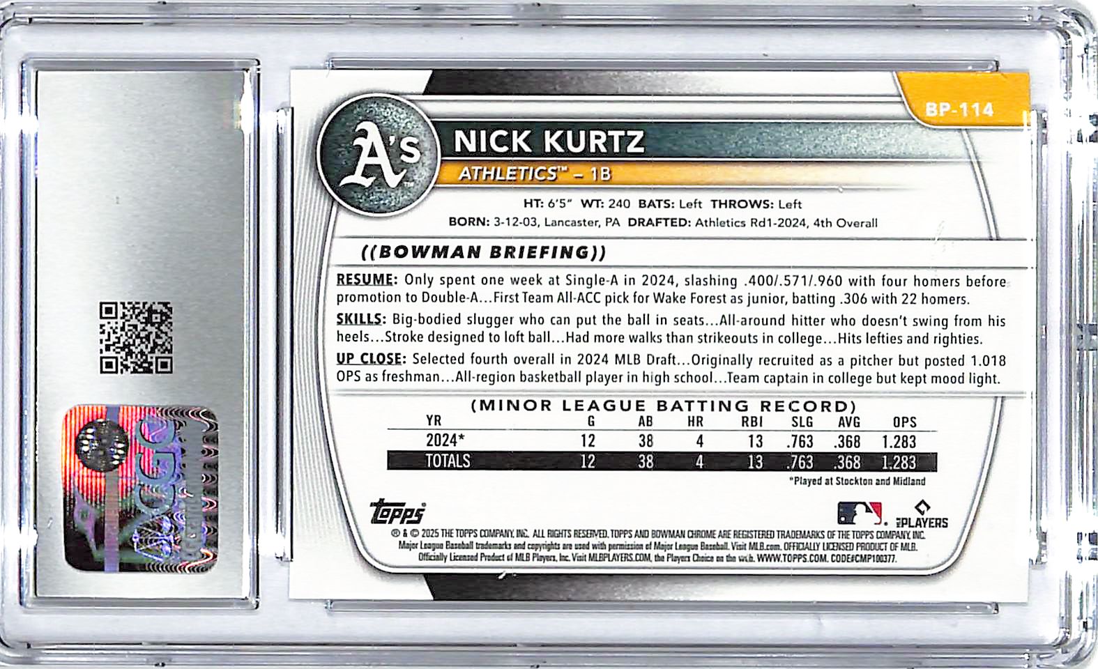 2025 Nick Kurtz Bowman Prospects #BP-114 CGC Gem Mint 10