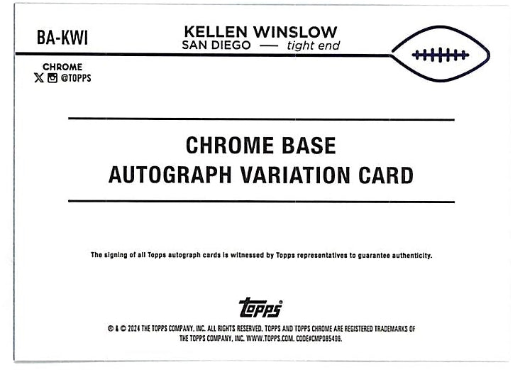 2024 Topps Chrome Kellen Winslow Auto Autograoh Refractor Chargers